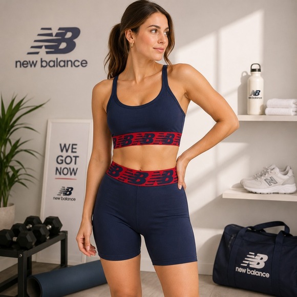 New Balance Pants - NEW BALANCE Womens New Set Bra Shorts Athletic MEDIUM Navy Red Sport R001863